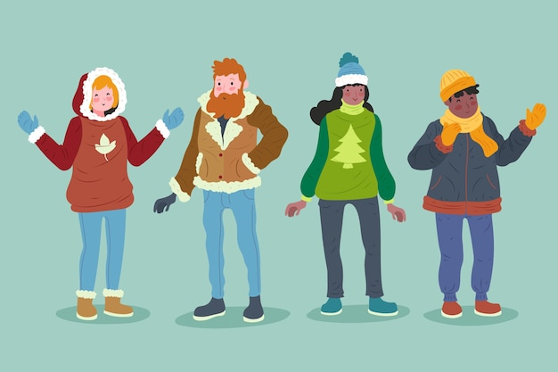 Free vector people wearing cozy winter clothes