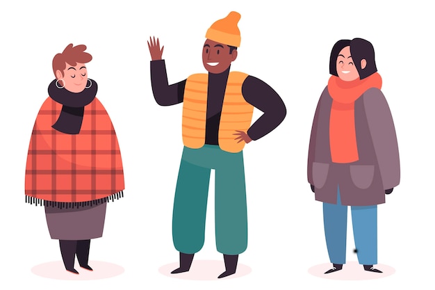 Free vector people wearing cozy winter clothes