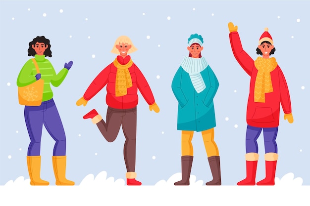 Free vector people wearing cozy winter clothes