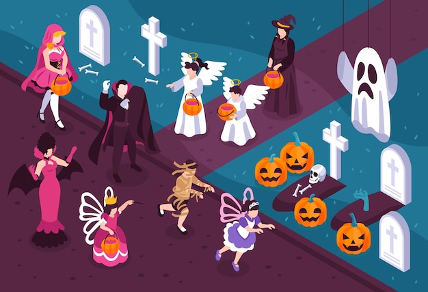 뱀파이어 요정 마녀 좀비 천사와 아이소 메트릭 ivew에서 파티 장식의 할로윈 의상을 입고 사람들