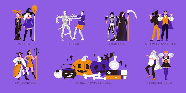 Persone che indossano costumi di halloween di personaggi spaventosi e composizioni piatte di accessori per le vacanze impostate isolate su sfondo a colori illustrazione vettoriale