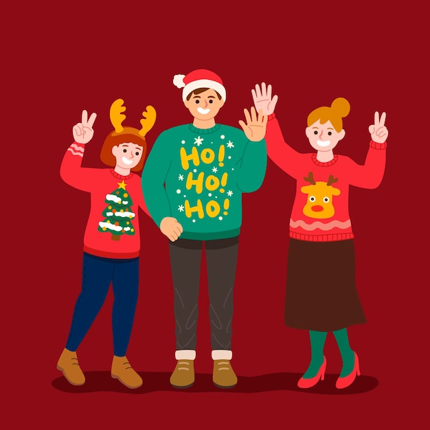 Free vector people wearing ugly sweaters