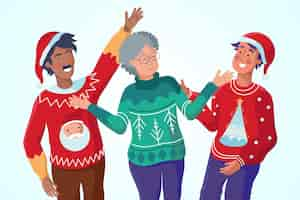 Free vector people wearing ugly sweaters