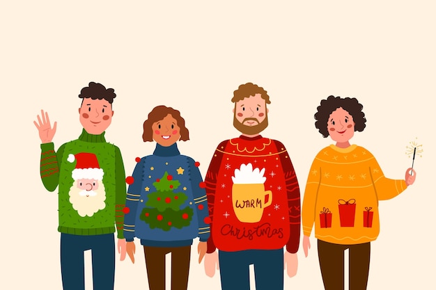 Free vector people wearing ugly sweaters