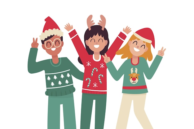 Free vector people wearing ugly sweaters