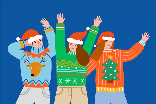 Free vector people wearing ugly sweaters