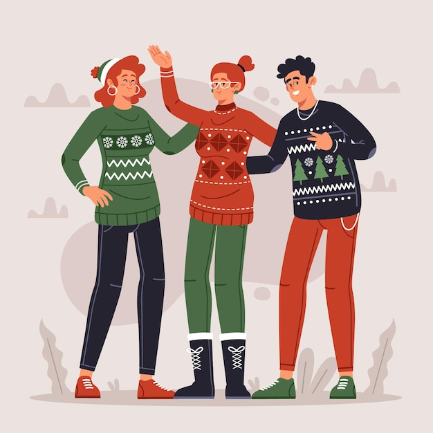 Free vector people wearing ugly sweaters