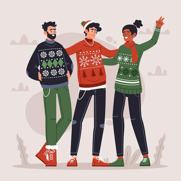 Free vector people wearing ugly sweaters