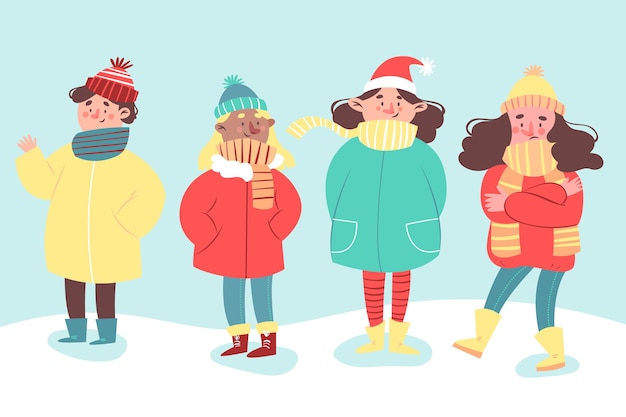 Люди, носящие зимнюю одежду плоский дизайн
