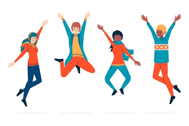 Free vector people wearing winter clothes jumping