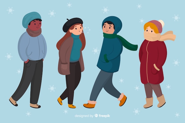 Free vector people wearing winter clothes on a snowy day background