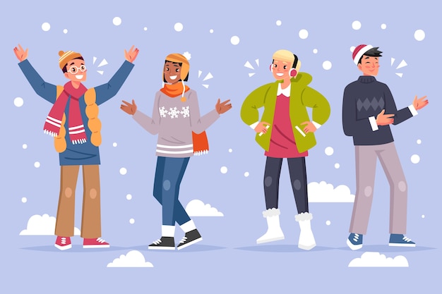 Люди в зимней одежде и стоящие на снегу