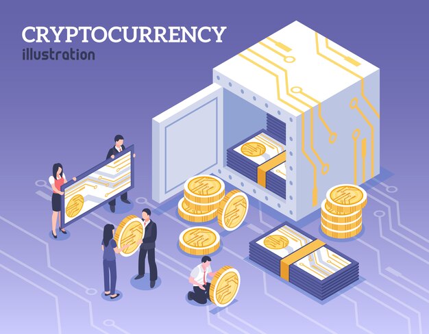 ビットコイン暗号通貨アイソメ図を持つ人々