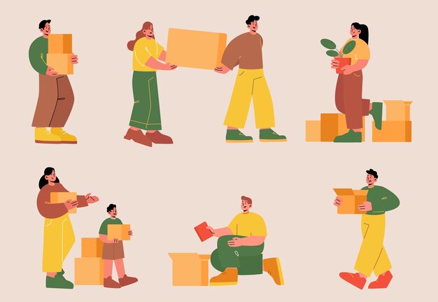 People with boxes family relocation moving into new house Men women kids characters packing stuff and potted plants into cardboards relocate leave home Line art flat vector illustration set