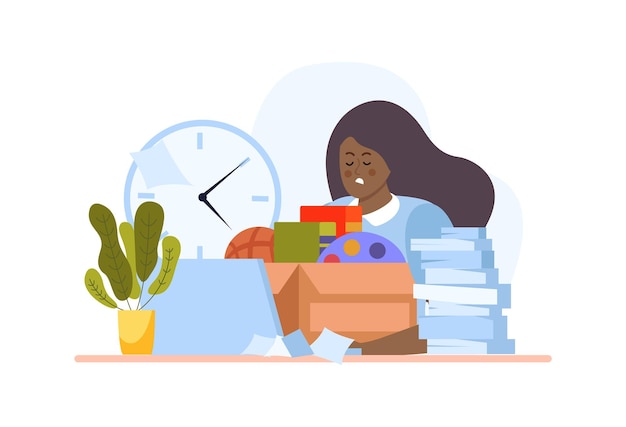 Бесплатное векторное изображение Люди с коробками плоская композиция с черной женщиной, сидящей перед открытой коробкой с векторной иллюстрацией часов