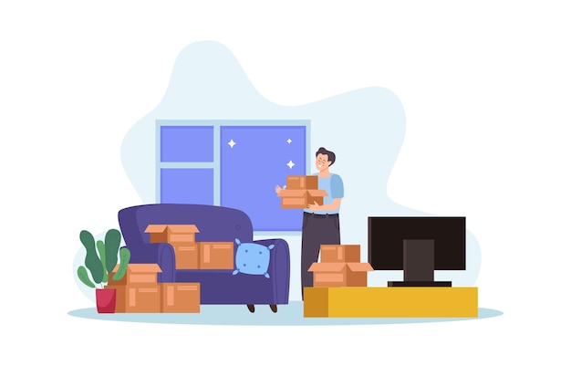 Free vector people with boxes flat composition with indoor view of apartment with male character and box stacks vector illustration