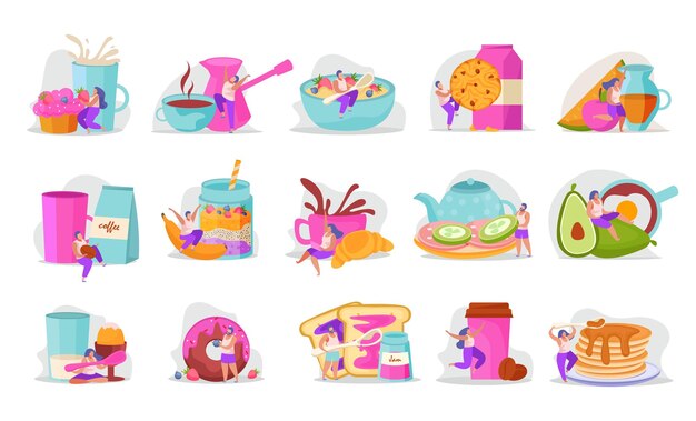 People with breakfast flat recolor icon set bright colors and adstract forms vector illustration