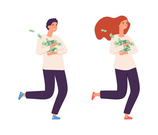 People with cash. rich girl boy, happy wealthy female male flat characters. isolated fun lottery winners or young successful business person vector illustration. girl saving currency, fund earnings