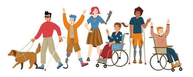 People with different disabilities waving hand