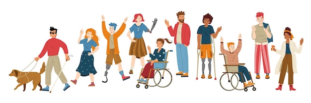 People with different disabilities waving hand