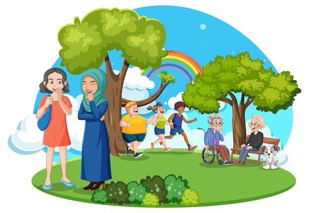 Free vector people with different religion gender age and race at the park d