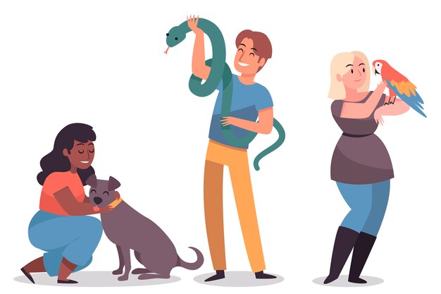 People with dog, parrot and snake