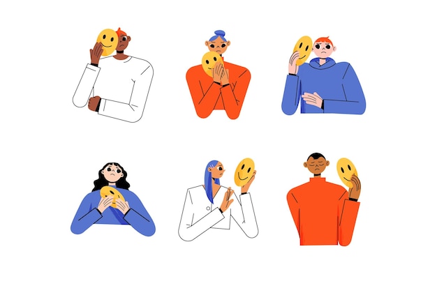 Free vector people with fake face mask hide real emotions