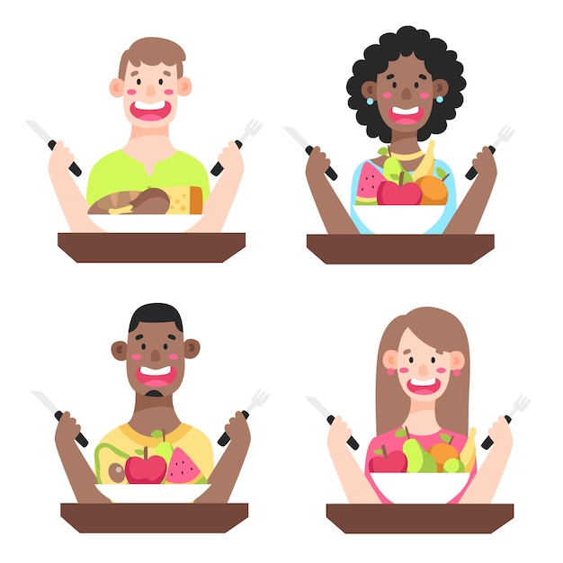 Free vector people with food ready to eat