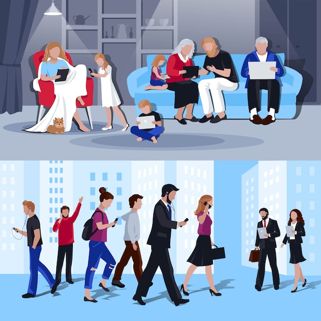 Free vector people with gadgets  2 flat banners