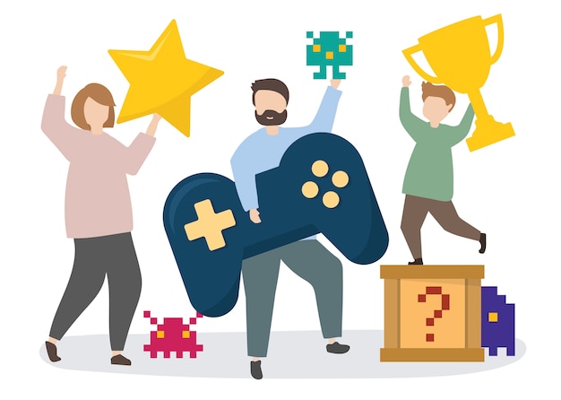 Free vector people with gaming icons illustration