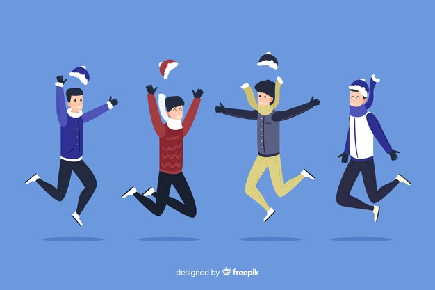 People with hats jumping winter season background