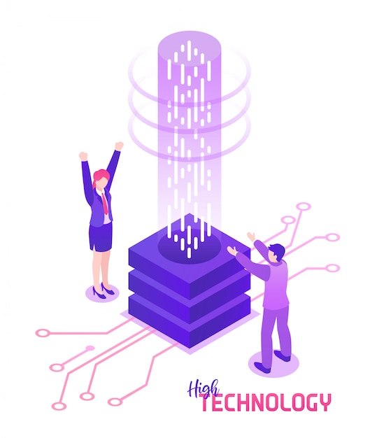 People with high technology device isometric illustration