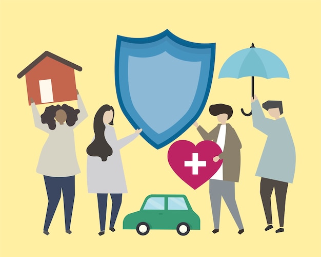 People with insurance icons illustration