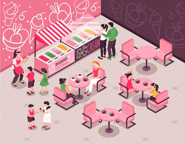 People with kids choosing and eating ice cream at cafe with pink tables and chairs 3d isometric illustration