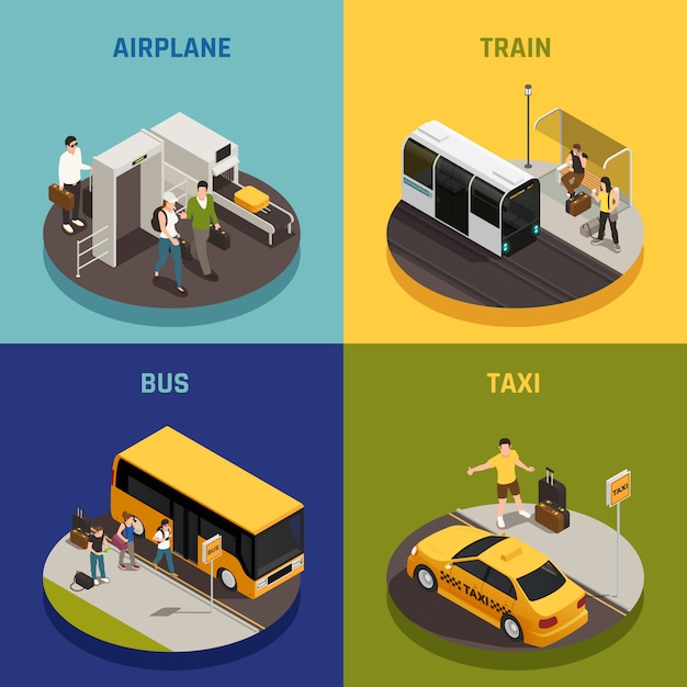 비행기 기차 버스 및 택시 아이소 메트릭 디자인 컨셉에 여행 중 수하물을 가진 사람은 고립