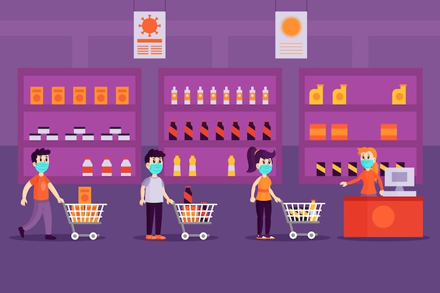 Free vector people with masks in supermarket