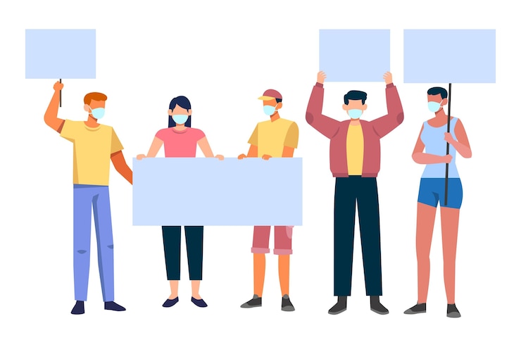 Free Vector people with medical masks holding empty placards