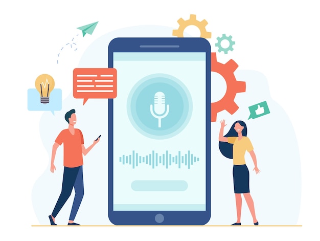 People with mobile phones using smart voice assistant software. Man and woman near screen with microphone and soundwaves. For sound recording, app interface, ai technology concept