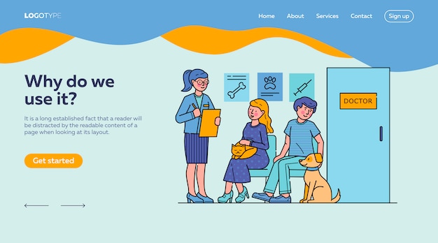 キューランディングページテンプレートで医師を待っているペットを持つ人々