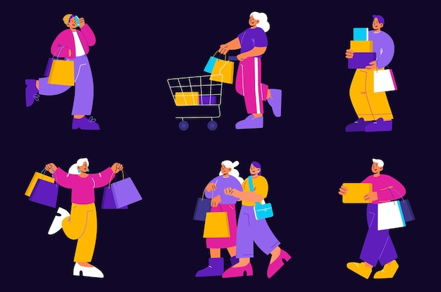 Бесплатное векторное изображение Люди с хозяйственными сумками и подарочными коробками