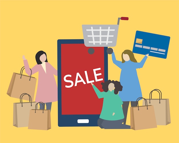 Free vector people with shopping icons illustration