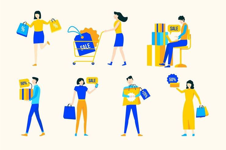 Free Vector | People with shopping trays flat hand drawn