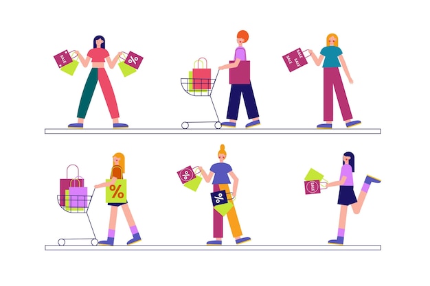 Free vector people with shopping trays flat hand drawn