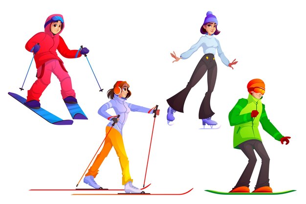 People with ski, snowboard and skates