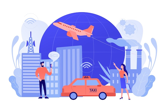 Free vector people with smartphones around modern facilities connected to global web network with wi-fi signs. internet of things, iot infrastructure and smart city concept. vector illustration