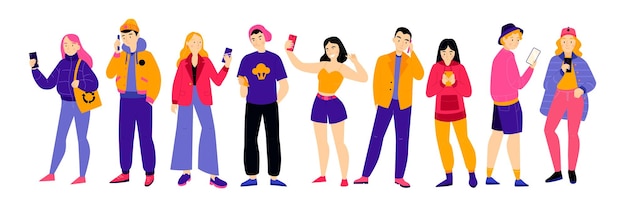 Free vector people with smartphones horizontal illustration