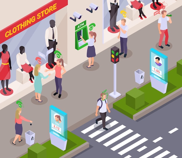 People with social credit score pictograms above their heads in street near clothing store isometric composition