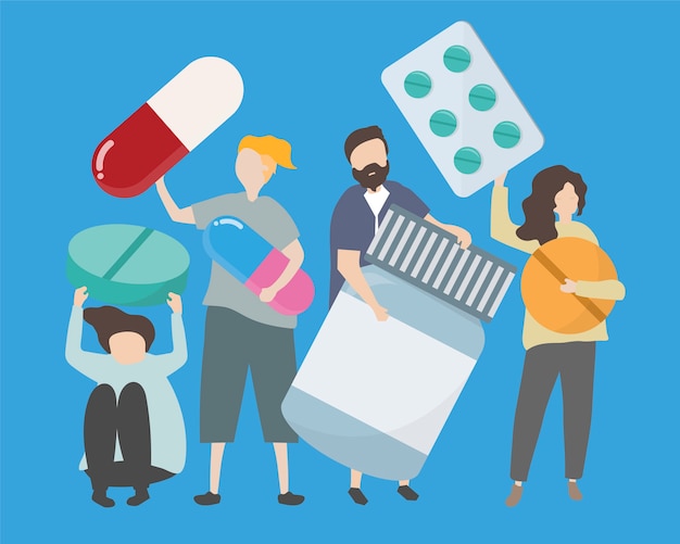 Free vector people with various drugs and pills illustration