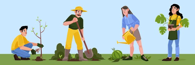 人々は庭の植物の木や花に水をまくで働いています農家やボランティアのベクトルフラットイラストは、農場の庭や公共の公園で園芸をしています