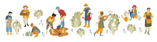 people work in garden with shovel scissors